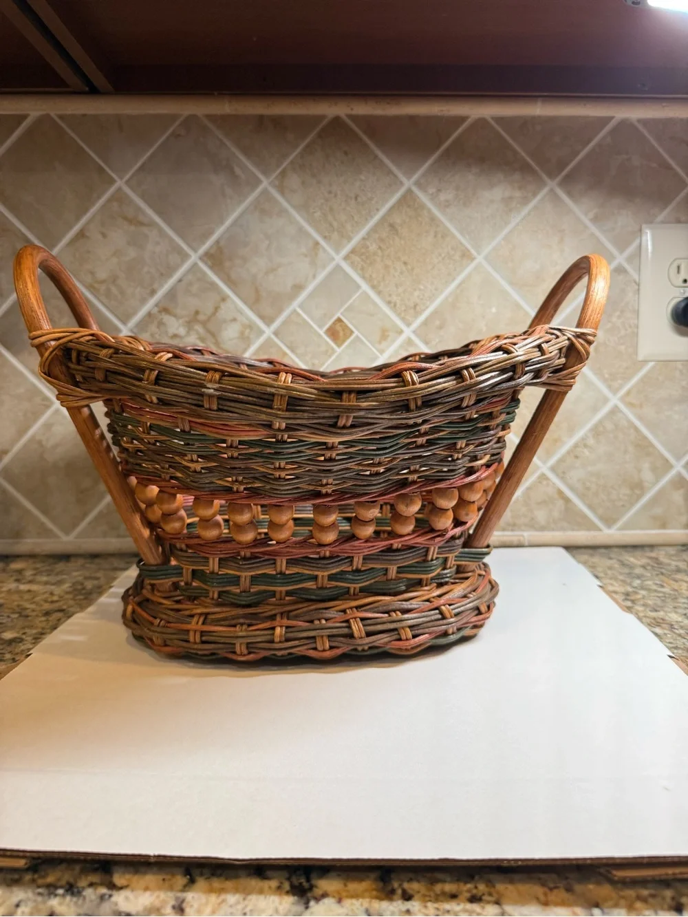 Vintage Woven Wicker Rattan Basket Wood Bead Double Handles Farmhouse Decor